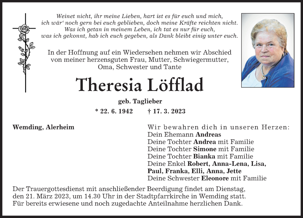  Traueranzeige für Theresia Löfflad vom 20.03.2023 aus Rieser Nachrichten, Donauwörther Zeitung