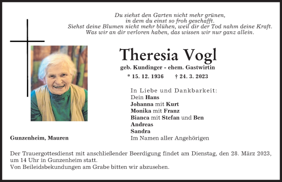 Traueranzeige von Theresia Vogl von Donauwörther Zeitung