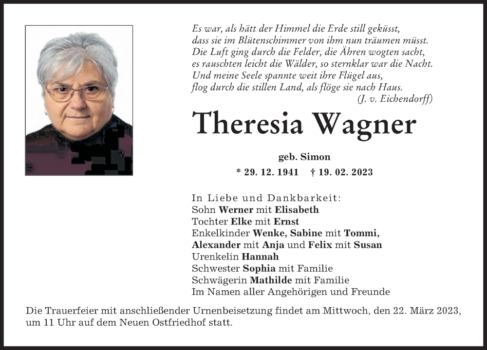  Traueranzeige für Theresia Wagner vom 18.03.2023 aus Augsburger Allgemeine