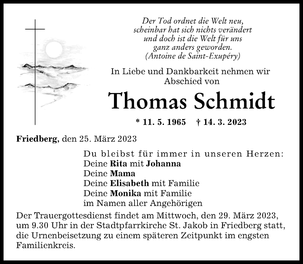  Traueranzeige für Thomas Schmidt vom 25.03.2023 aus Friedberger Allgemeine