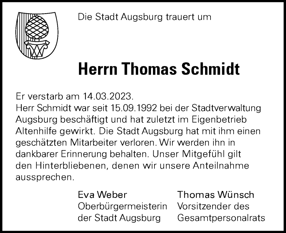  Traueranzeige für Thomas Schmidt vom 25.03.2023 aus Augsburger Allgemeine