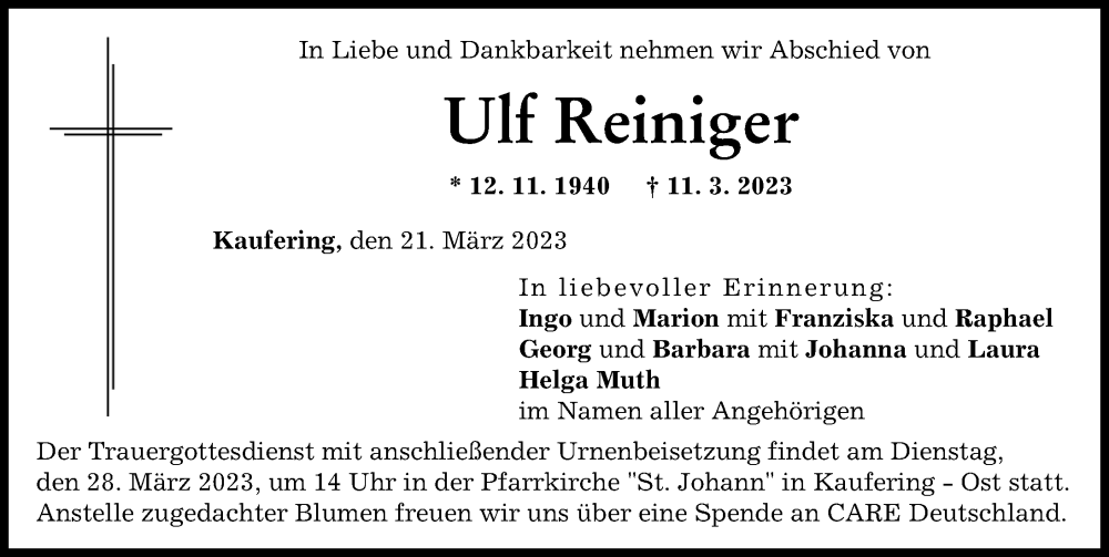  Traueranzeige für Ulf Reiniger vom 21.03.2023 aus Landsberger Tagblatt