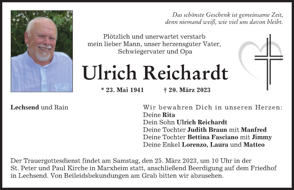 Traueranzeige von Ulrich Reichardt von Donauwörther Zeitung