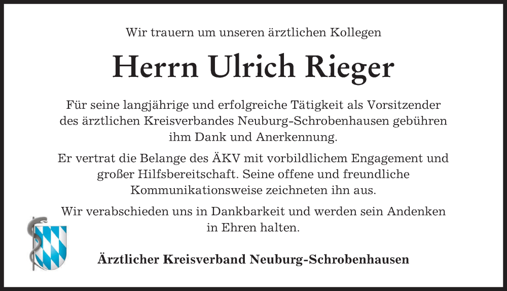 Traueranzeige von Ulrich Rieger von Neuburger Rundschau