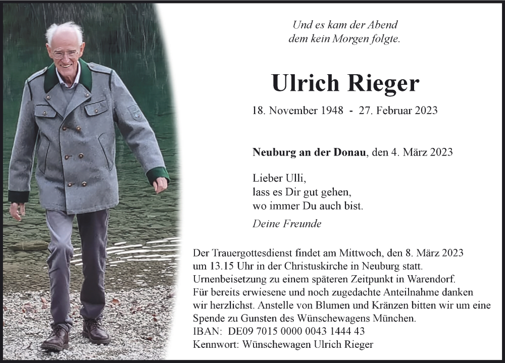 Traueranzeige von Ulrich Rieger von Neuburger Rundschau