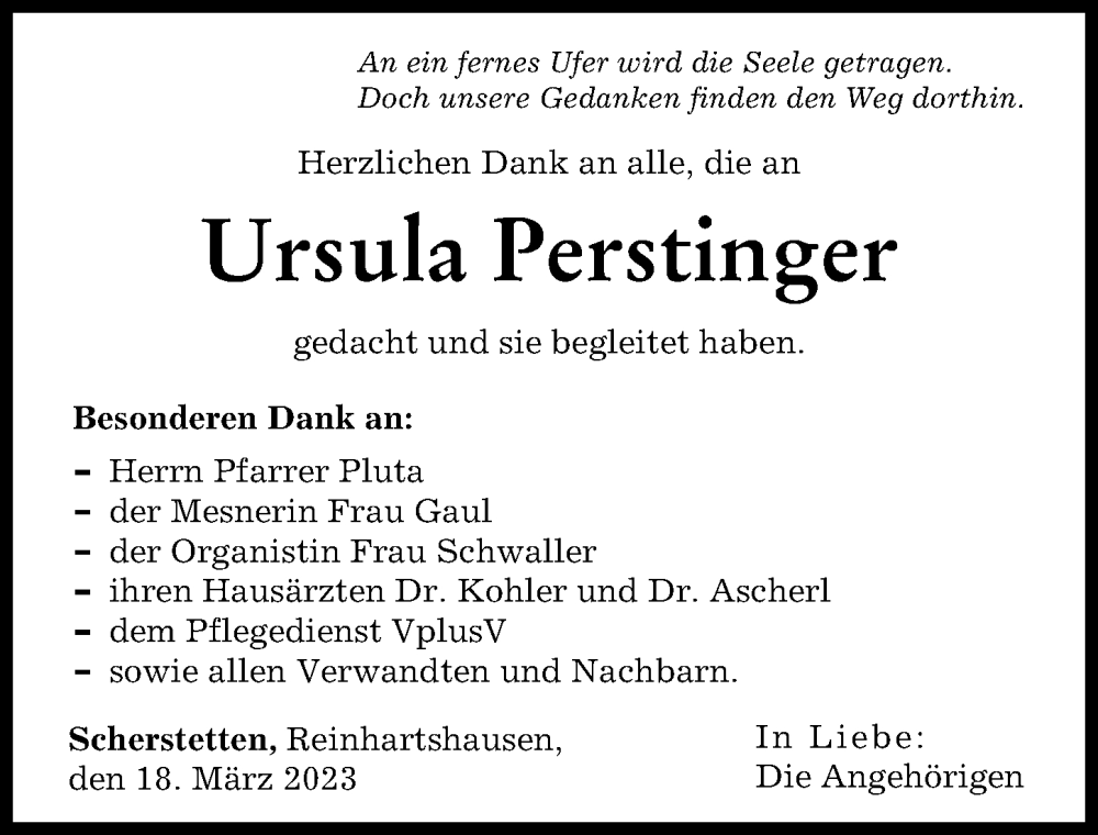 Traueranzeige von Ursula Perstinger von Schwabmünchner Allgemeine
