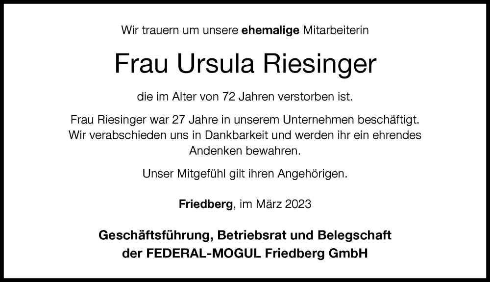  Traueranzeige für Ursula Riesinger vom 28.03.2023 aus Friedberger Allgemeine