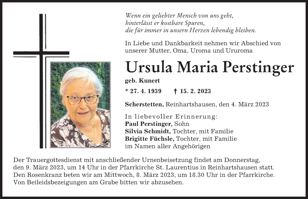  Traueranzeige für Ursula Maria Perstinger vom 04.03.2023 aus Schwabmünchner Allgemeine