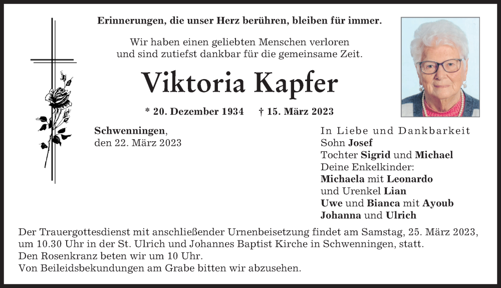  Traueranzeige für Viktoria Kapfer vom 22.03.2023 aus Donau Zeitung