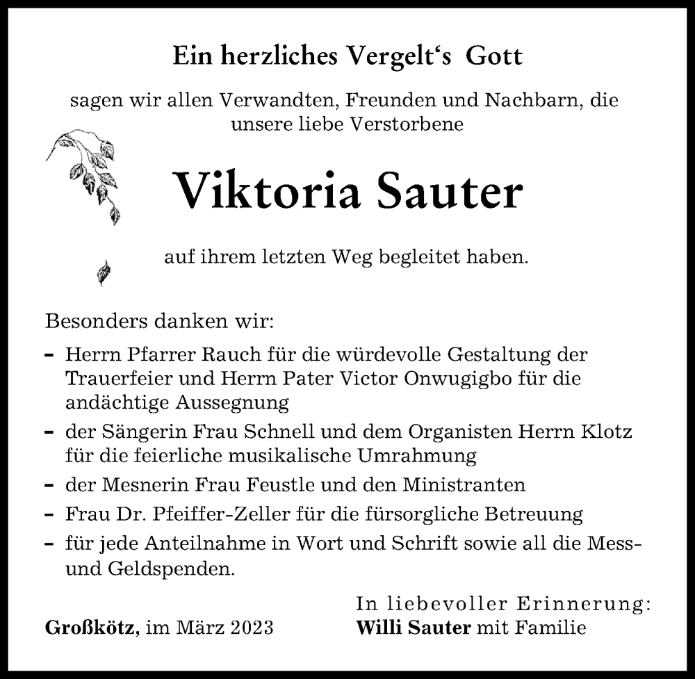  Traueranzeige für Viktoria Sauter vom 21.03.2023 aus Günzburger Zeitung