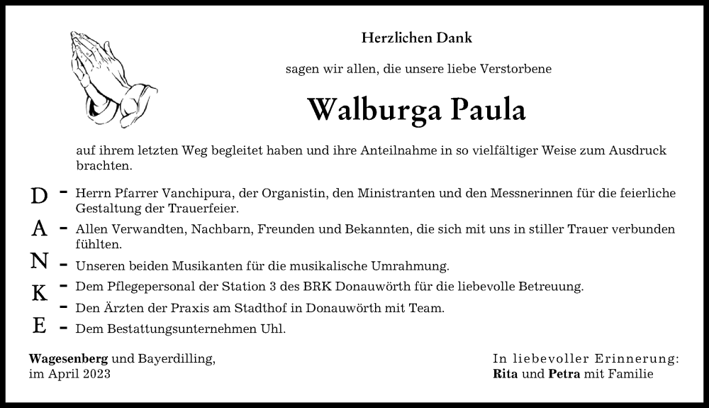 Traueranzeige von Walburga Paula von Donauwörther Zeitung