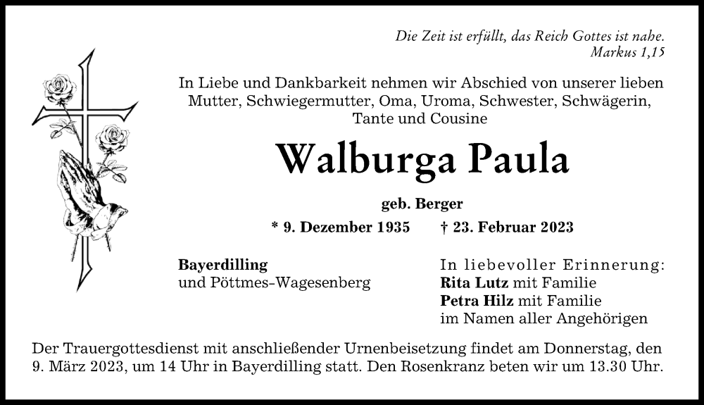 Traueranzeige von Walburga Paula von Donauwörther Zeitung