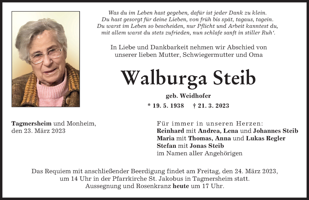 Traueranzeige von Walburga Steib von Donauwörther Zeitung