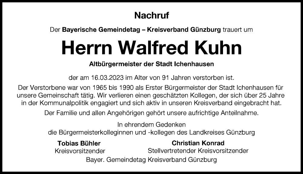 Traueranzeige für Walfred Kuhn vom 23.03.2023 aus Mittelschwäbische Nachrichten, Günzburger Zeitung