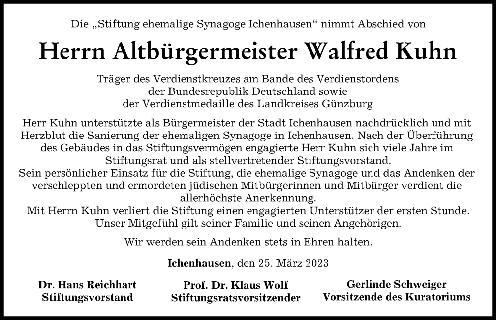  Traueranzeige für Walfred Kuhn vom 25.03.2023 aus Günzburger Zeitung