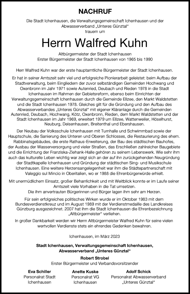 Traueranzeige für Walfred Kuhn vom 23.03.2023 aus Mittelschwäbische Nachrichten, Günzburger Zeitung