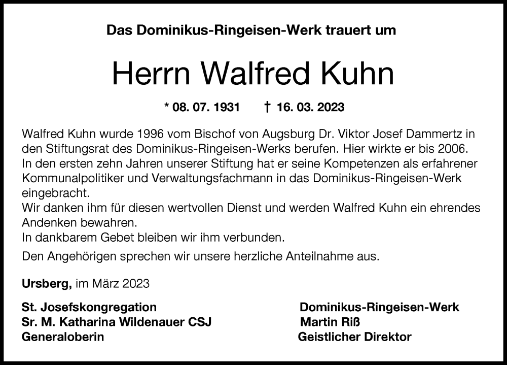  Traueranzeige für Walfred Kuhn vom 25.03.2023 aus Günzburger Zeitung, Mittelschwäbische Nachrichten