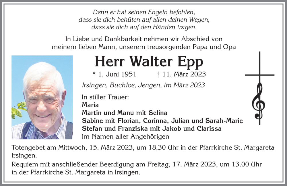  Traueranzeige für Walter Epp vom 15.03.2023 aus Mindelheimer Zeitung
