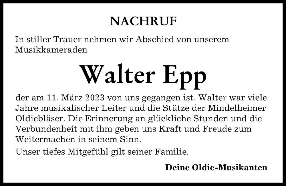  Traueranzeige für Walter Epp vom 16.03.2023 aus Mindelheimer Zeitung