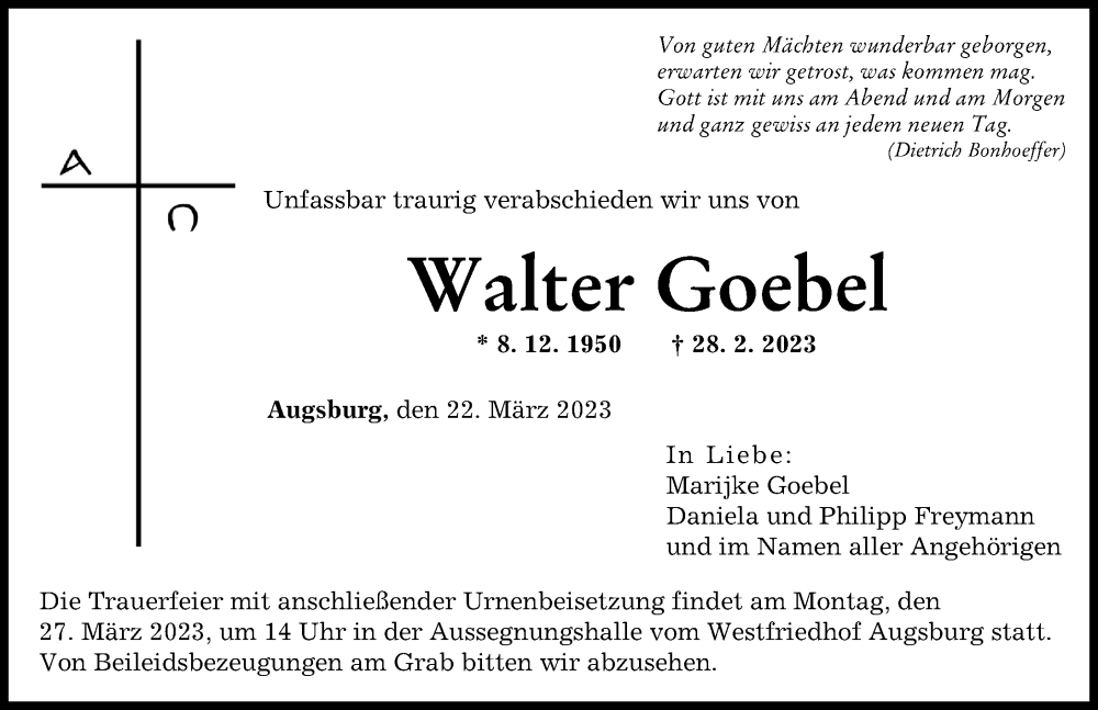 Traueranzeige für Walter Goebel vom 22.03.2023 aus Augsburger Allgemeine
