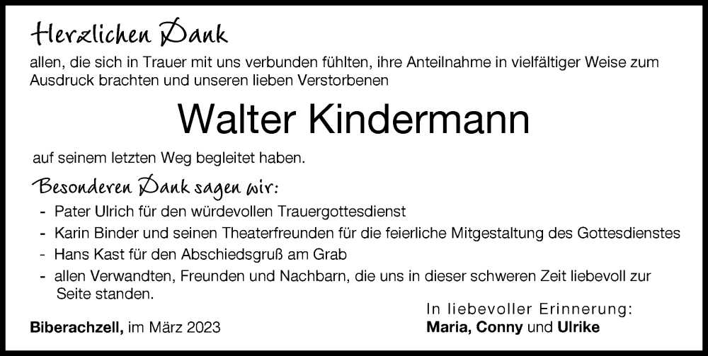  Traueranzeige für Walter Kindermann vom 31.03.2023 aus Neu-Ulmer Zeitung