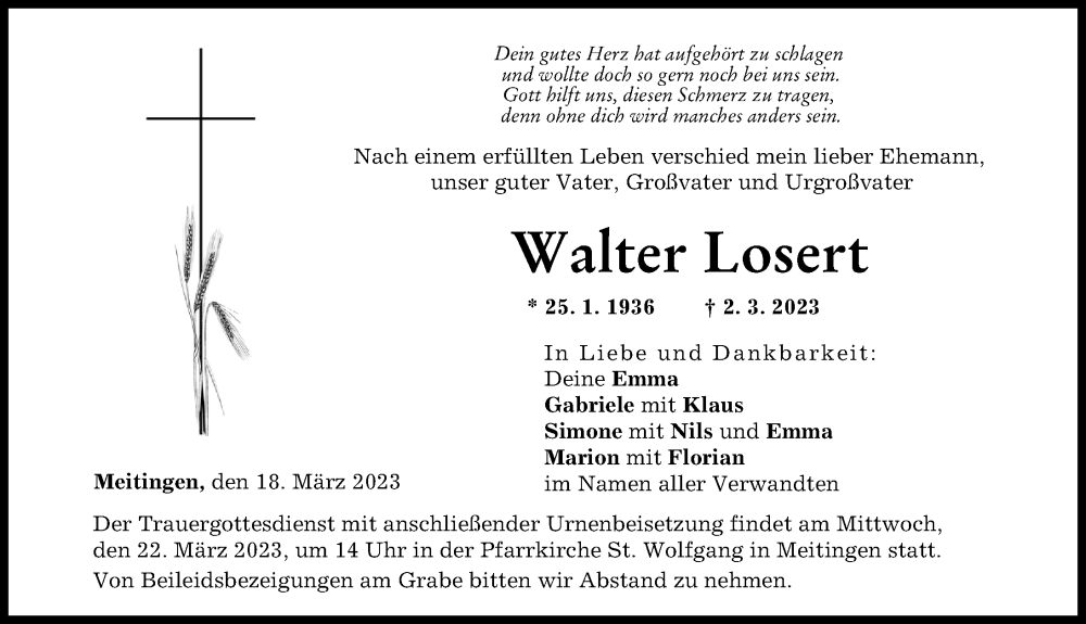  Traueranzeige für Walter Losert vom 18.03.2023 aus Augsburg-Land