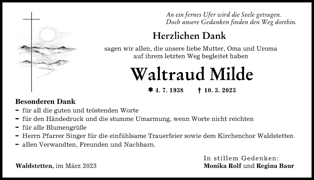  Traueranzeige für Waltraud Milde vom 01.04.2023 aus Günzburger Zeitung