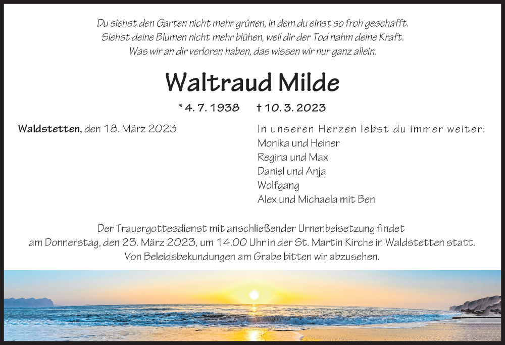  Traueranzeige für Waltraud Milde vom 18.03.2023 aus Günzburger Zeitung