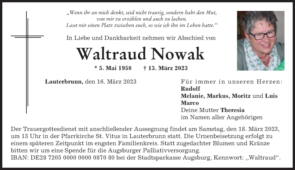  Traueranzeige für Waltraud Nowak vom 16.03.2023 aus Wertinger Zeitung, Augsburg-Land