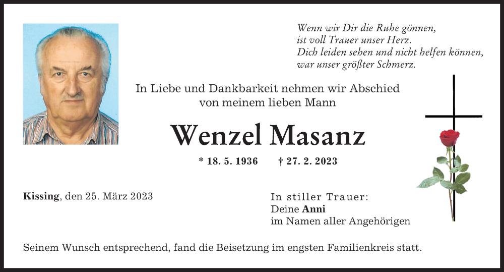  Traueranzeige für Wenzel Masanz vom 25.03.2023 aus Friedberger Allgemeine