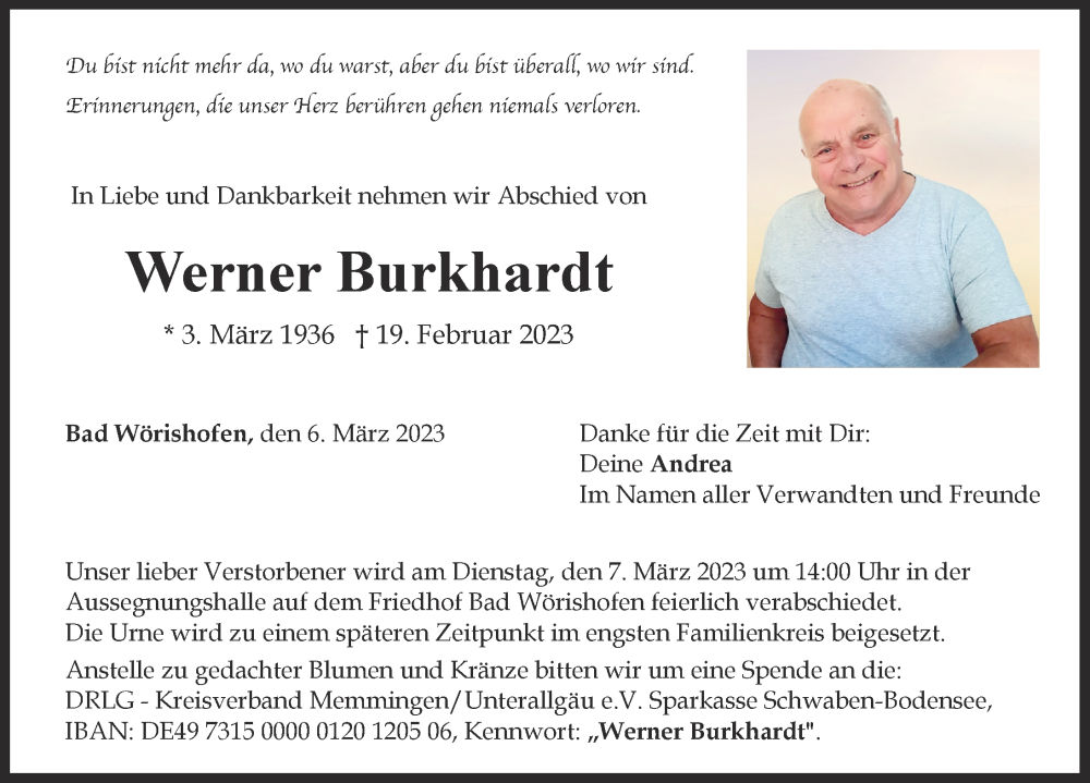 Traueranzeige von Werner Burkhardt von Mindelheimer Zeitung