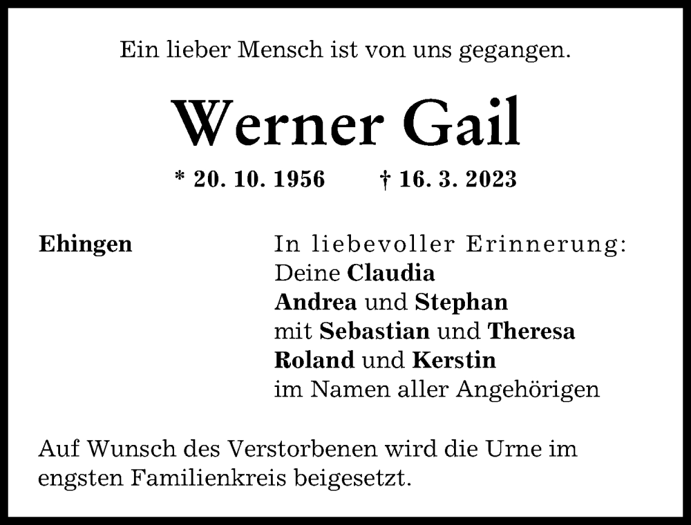 Traueranzeige von Werner Gail von Augsburg-Land