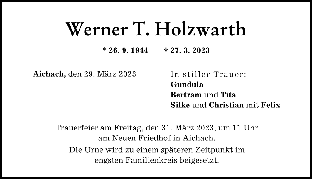  Traueranzeige für Werner Holzwarth vom 29.03.2023 aus Aichacher Nachrichten