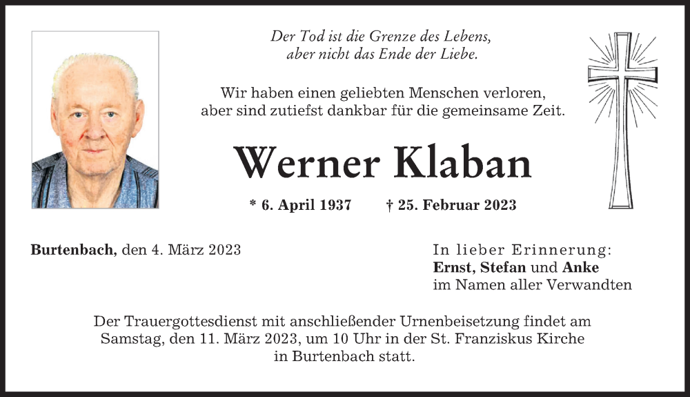Traueranzeige von Werner Klaban von Günzburger Zeitung