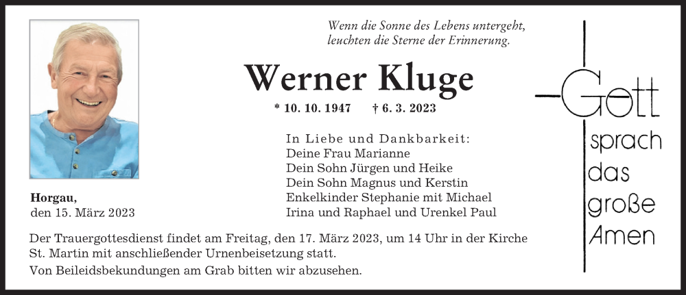  Traueranzeige für Werner Kluge vom 15.03.2023 aus Augsburger Allgemeine
