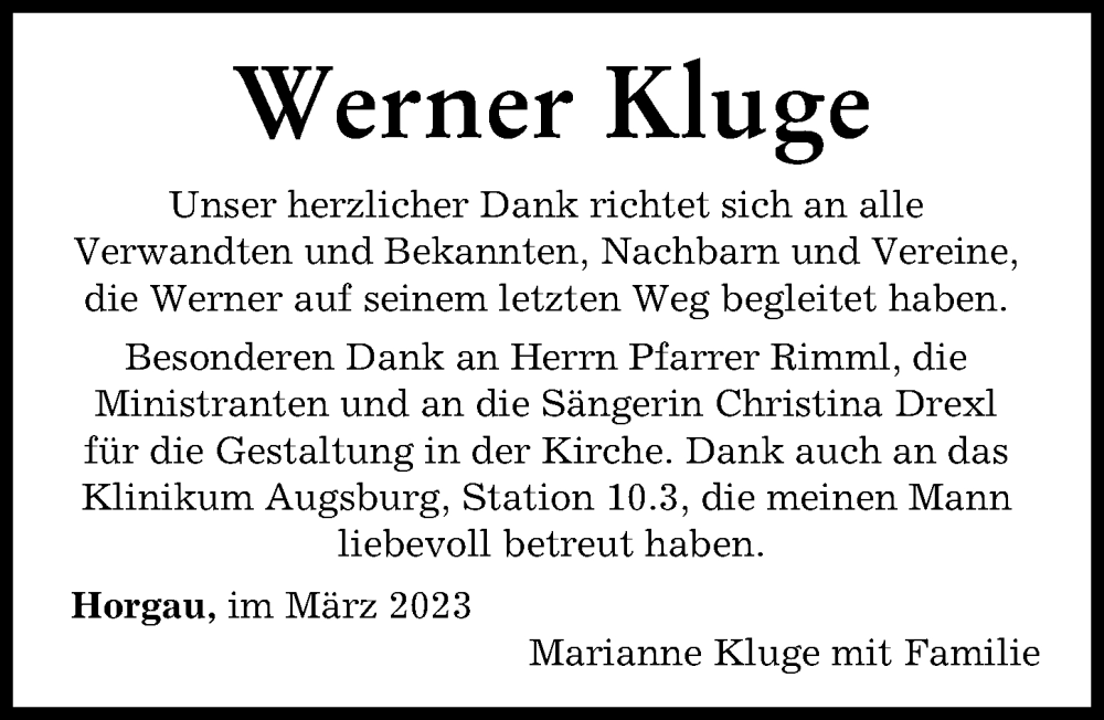  Traueranzeige für Werner Kluge vom 22.03.2023 aus Augsburger Allgemeine