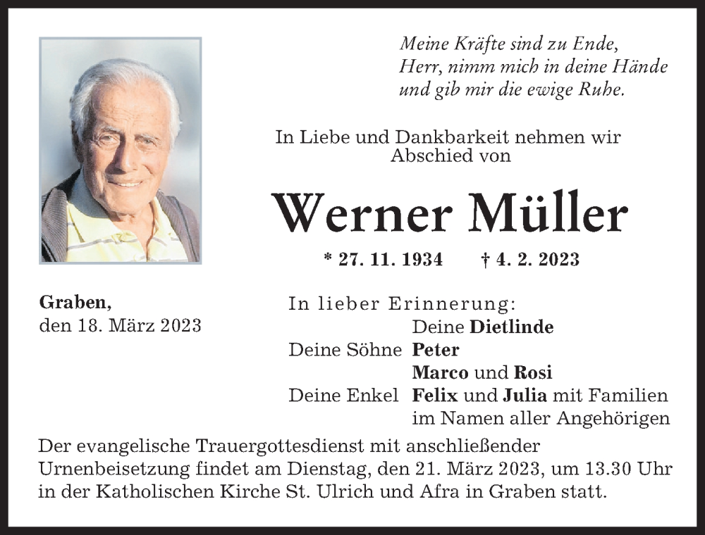  Traueranzeige für Werner Müller vom 18.03.2023 aus Schwabmünchner Allgemeine
