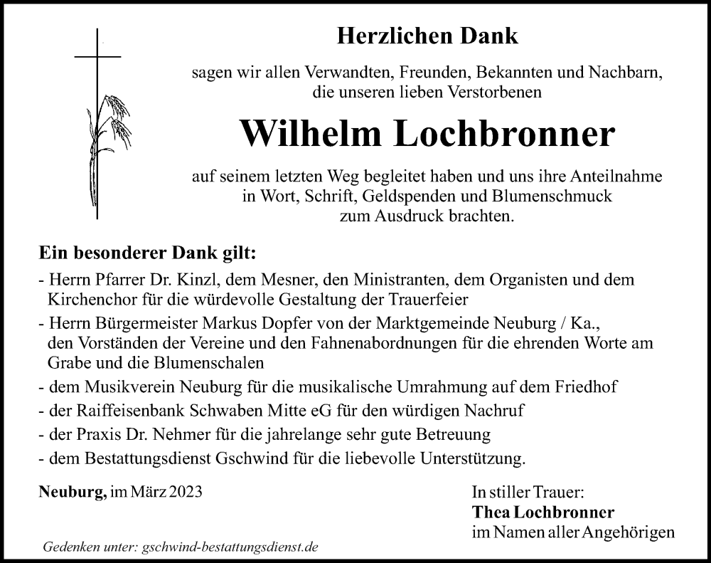  Traueranzeige für Wilhelm Lochbronner vom 18.03.2023 aus Mittelschwäbische Nachrichten