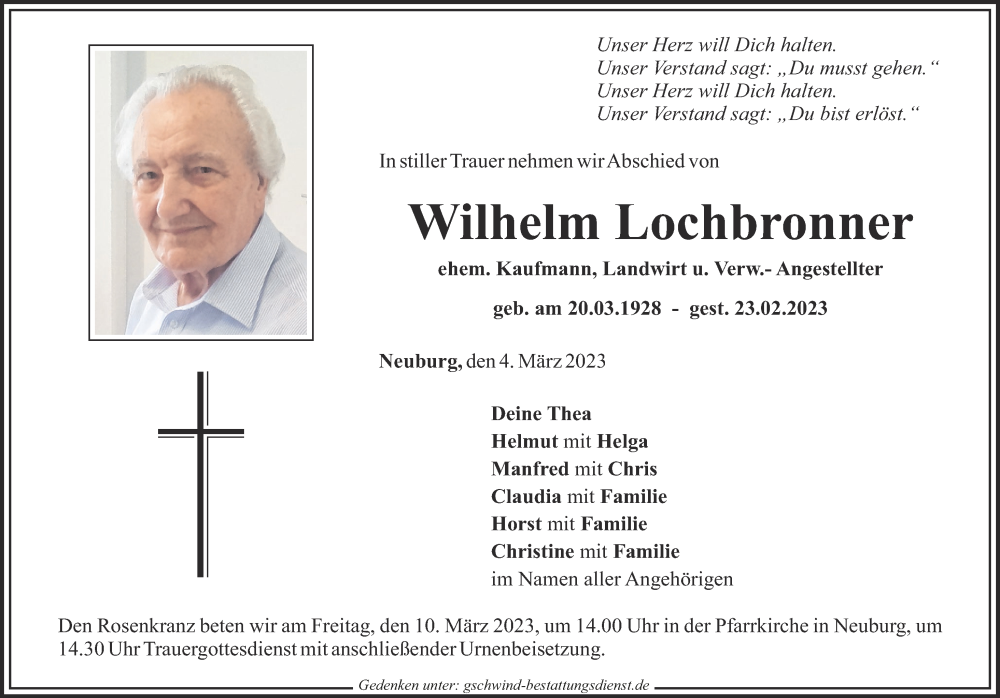  Traueranzeige für Wilhelm Lochbronner vom 04.03.2023 aus Mittelschwäbische Nachrichten