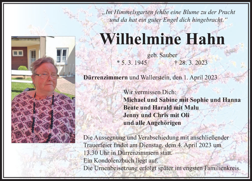  Traueranzeige für Wilhelmine Hahn vom 01.04.2023 aus Rieser Nachrichten