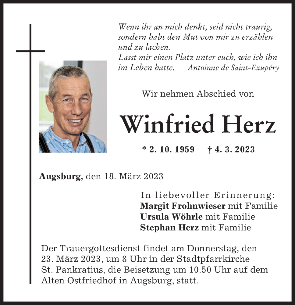  Traueranzeige für Winfried Herz vom 18.03.2023 aus Augsburger Allgemeine