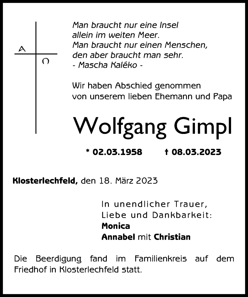  Traueranzeige für Wolfgang Gimpl vom 18.03.2023 aus Augsburger Allgemeine