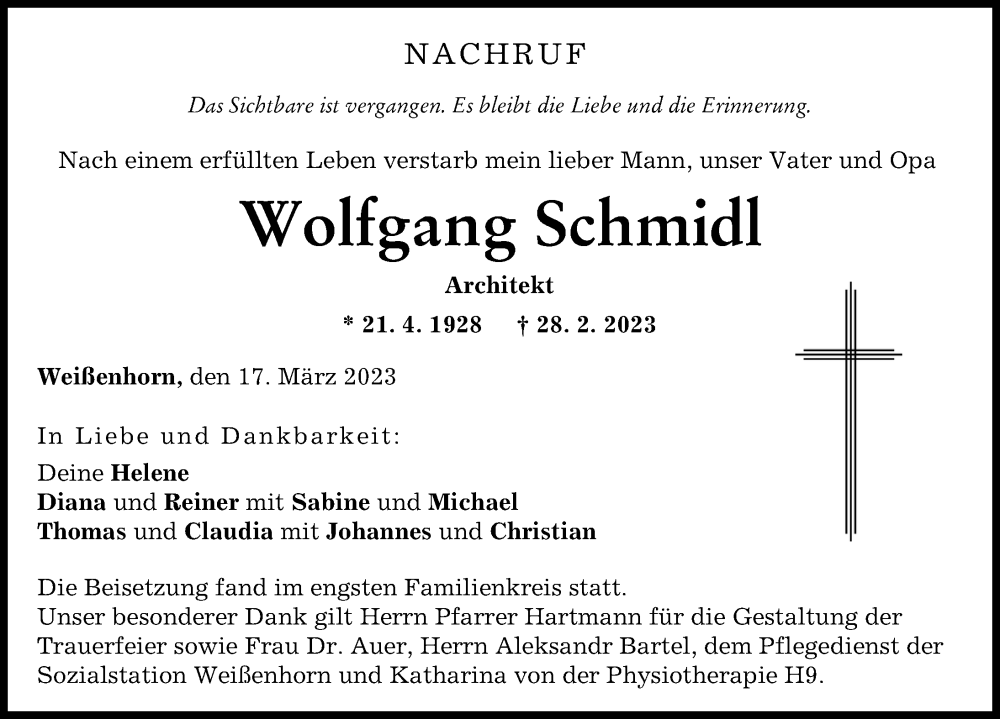  Traueranzeige für Wolfgang Schmidl vom 17.03.2023 aus Neu-Ulmer Zeitung