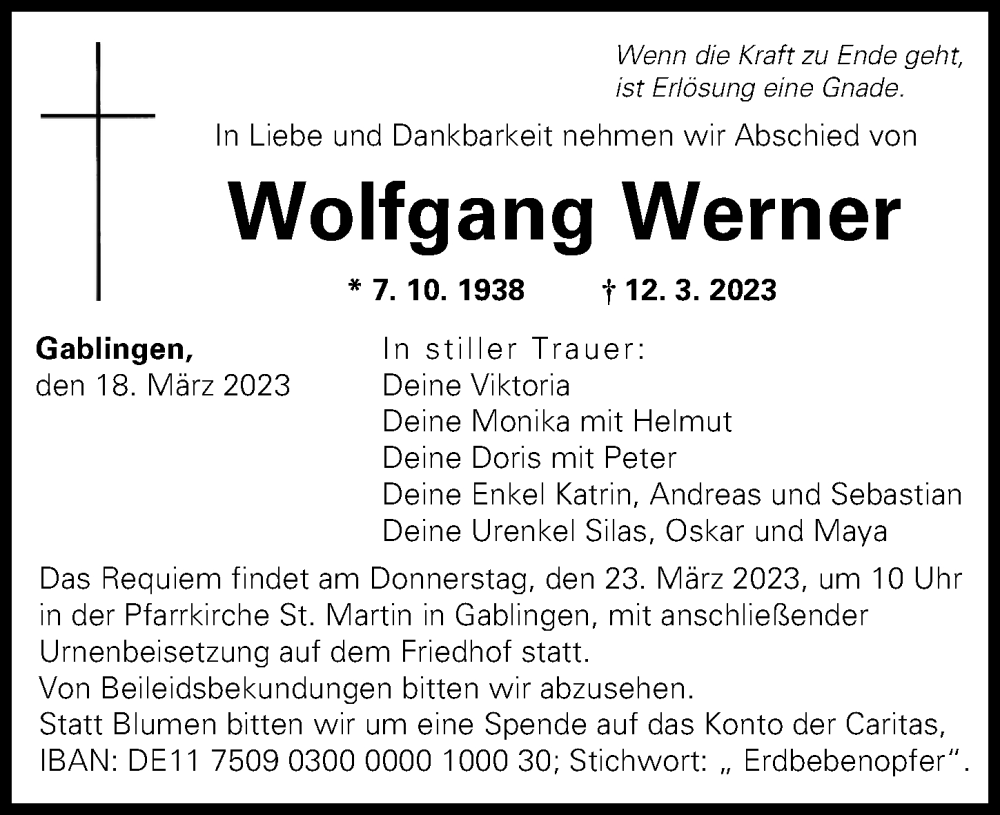  Traueranzeige für Wolfgang Werner vom 18.03.2023 aus Augsburger Allgemeine