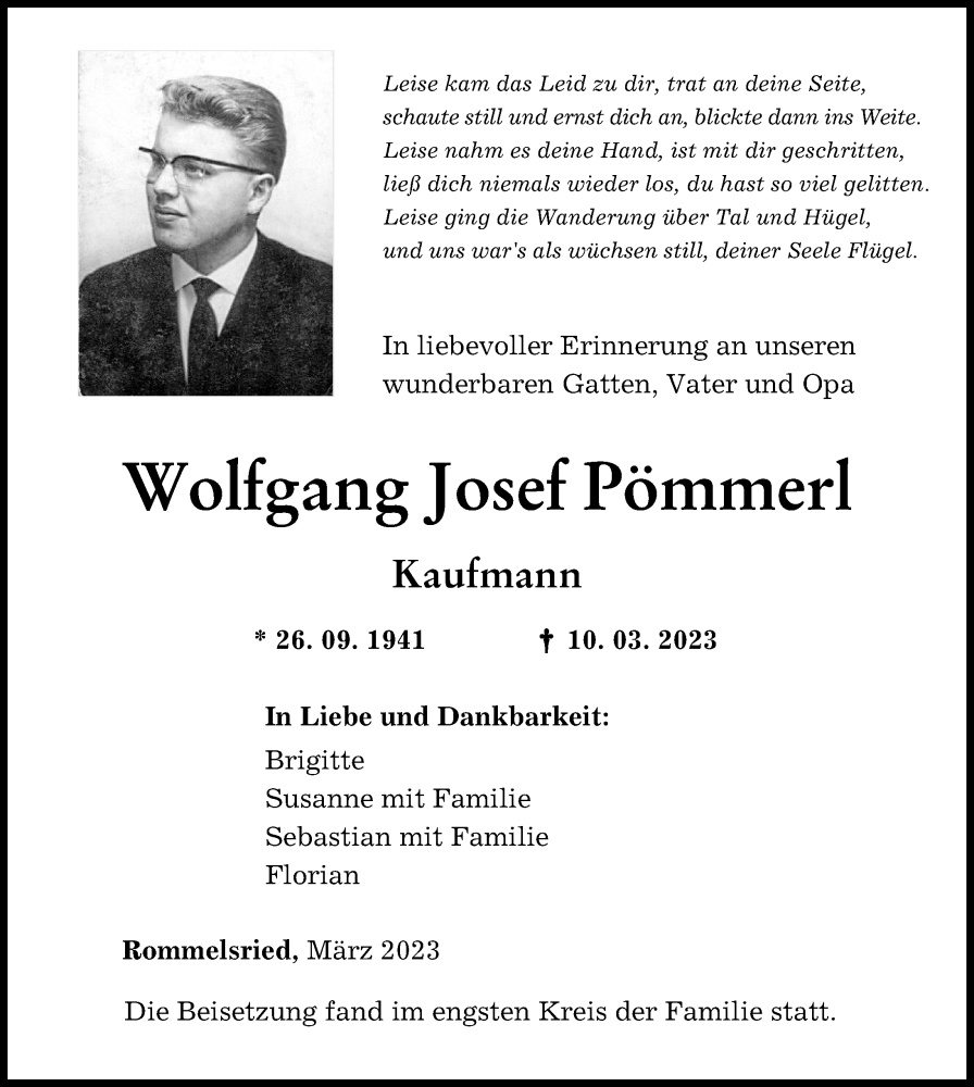  Traueranzeige für Wolfgang Josef Pömmerl vom 18.03.2023 aus Augsburg-Land