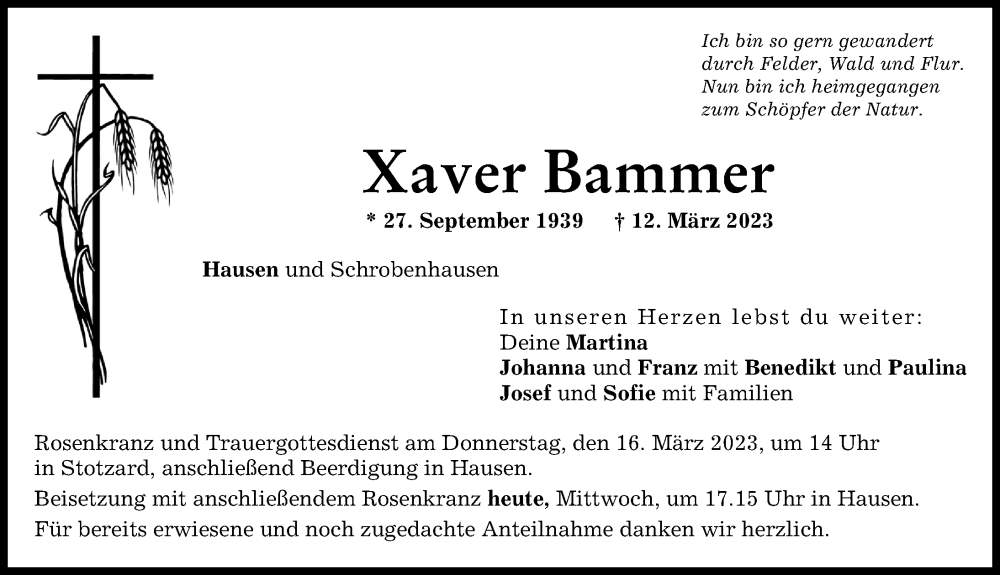  Traueranzeige für Xaver Bammer vom 15.03.2023 aus Aichacher Nachrichten