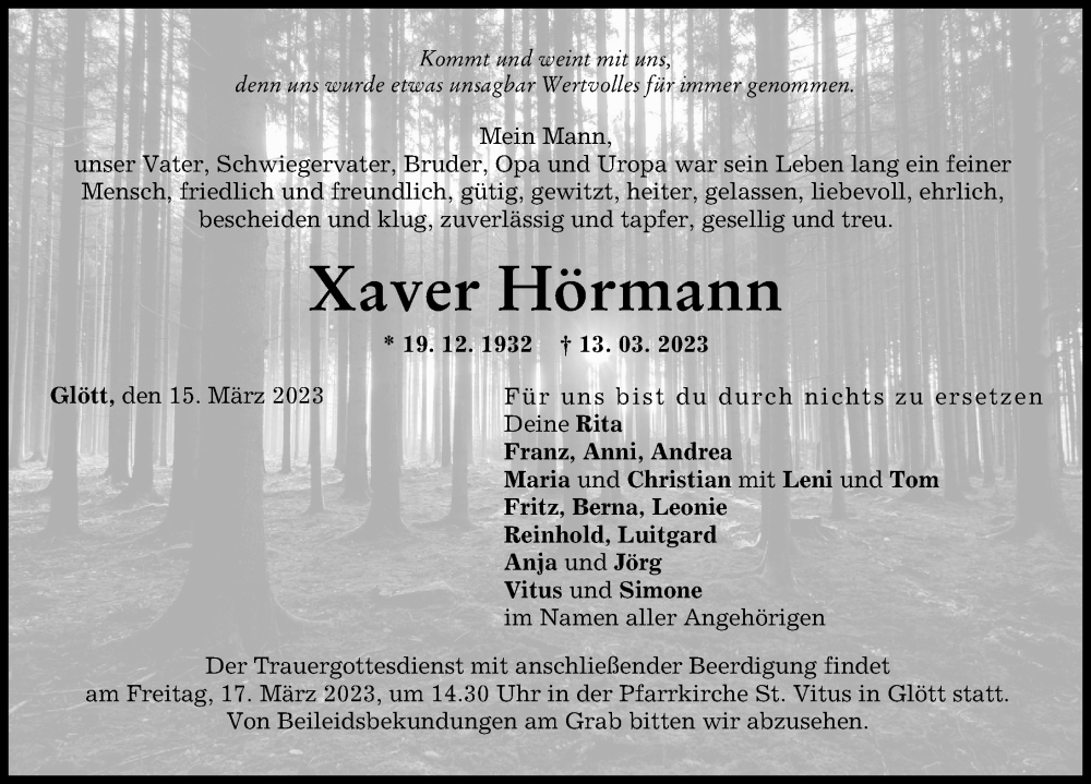 Traueranzeige für Xaver Hörmann vom 15.03.2023 aus Donau Zeitung
