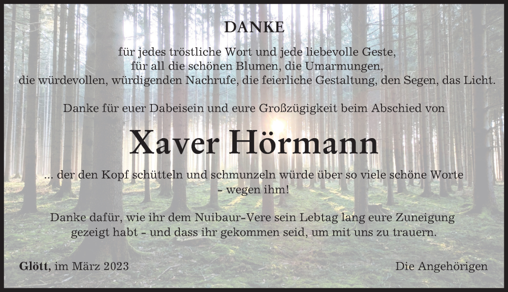  Traueranzeige für Xaver Hörmann vom 25.03.2023 aus Donau Zeitung