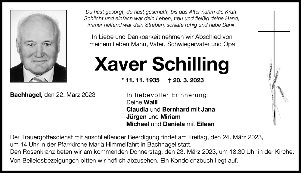 Traueranzeige von Xaver Schilling von Donau Zeitung