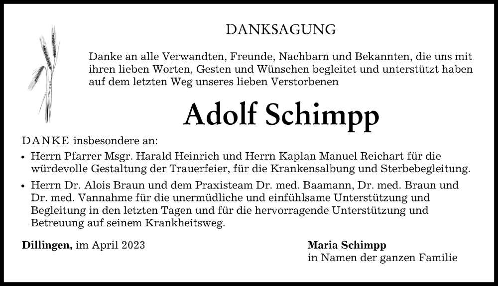 Traueranzeige von Adolf Schimpp von Donau Zeitung